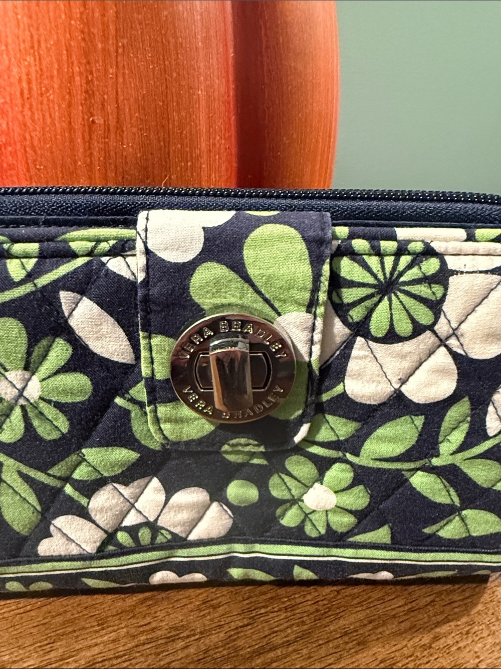 Vera Bradley Navy Floral Quilted Zip Wallet with Green Accents - Picture 4 of 7